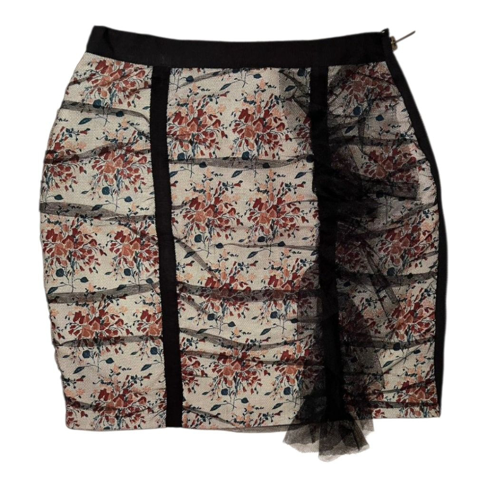 Twelve by Twelve Floral Satin Skirt with Mesh Overlay Ruffle Exposed Zip Retro
